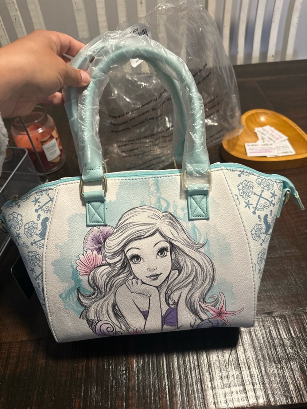 Ariel Illustration White & Light Blue Satchel Handbag